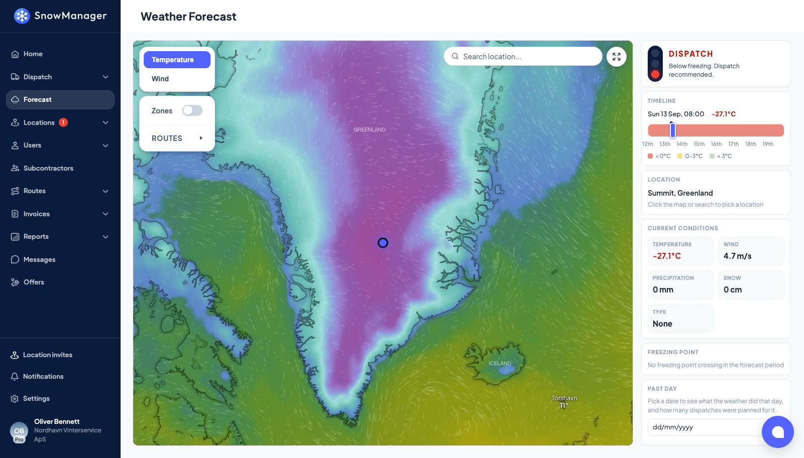 The forecast for a point picked on the Greenland ice sheet, well below freezing