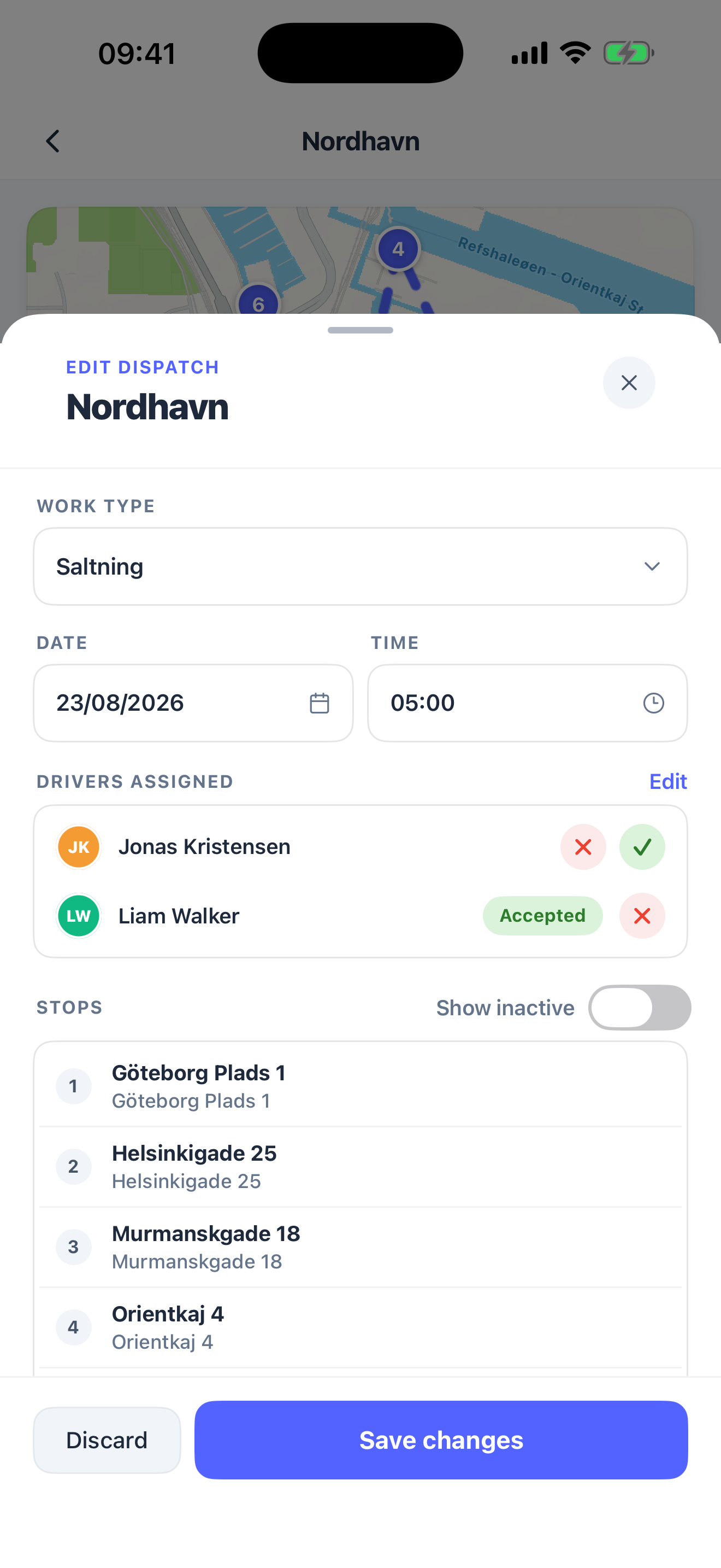 The Edit dispatch sheet with work type, date and time, drivers assigned and the stops list