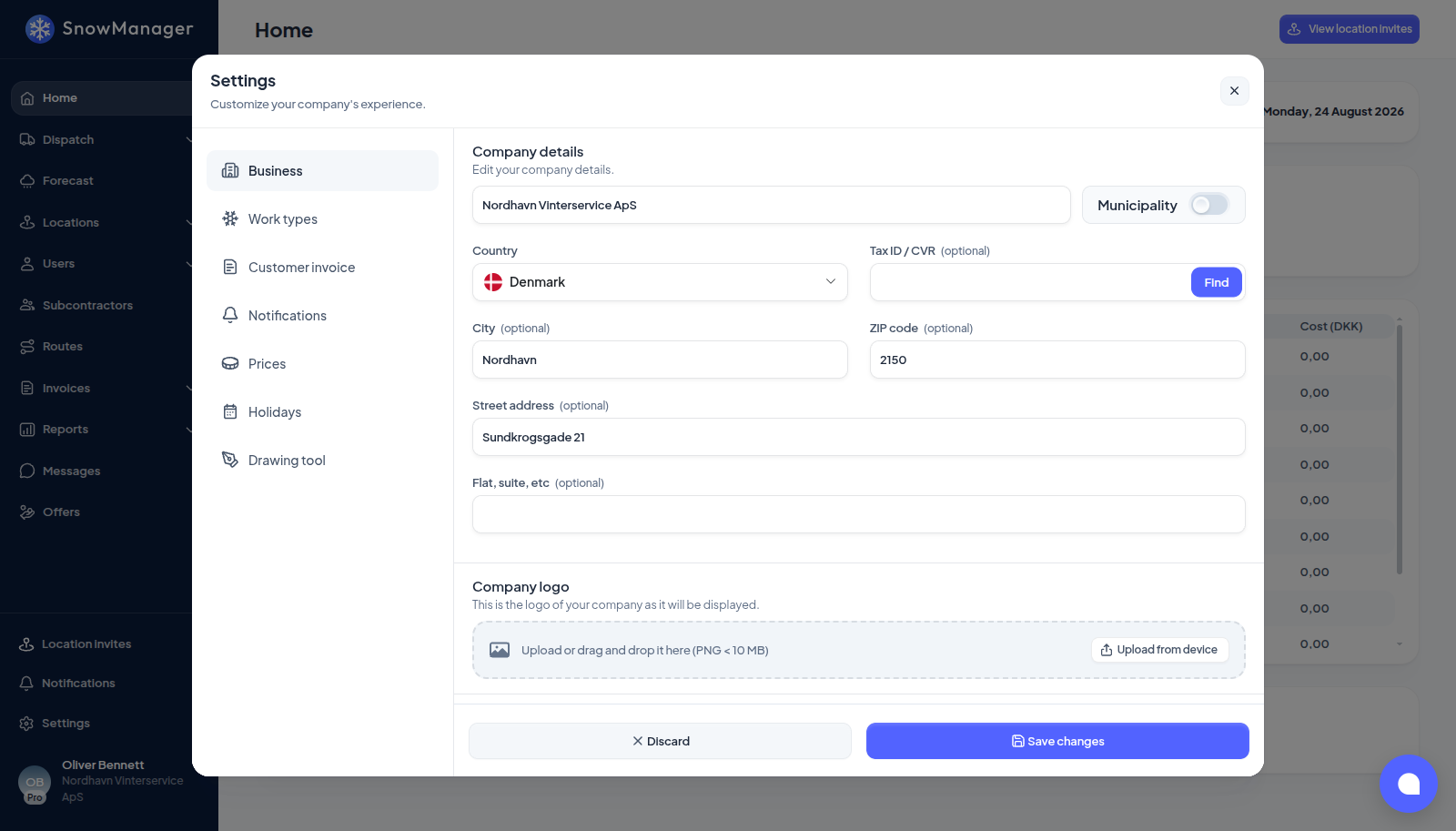 The Business tab in Settings
