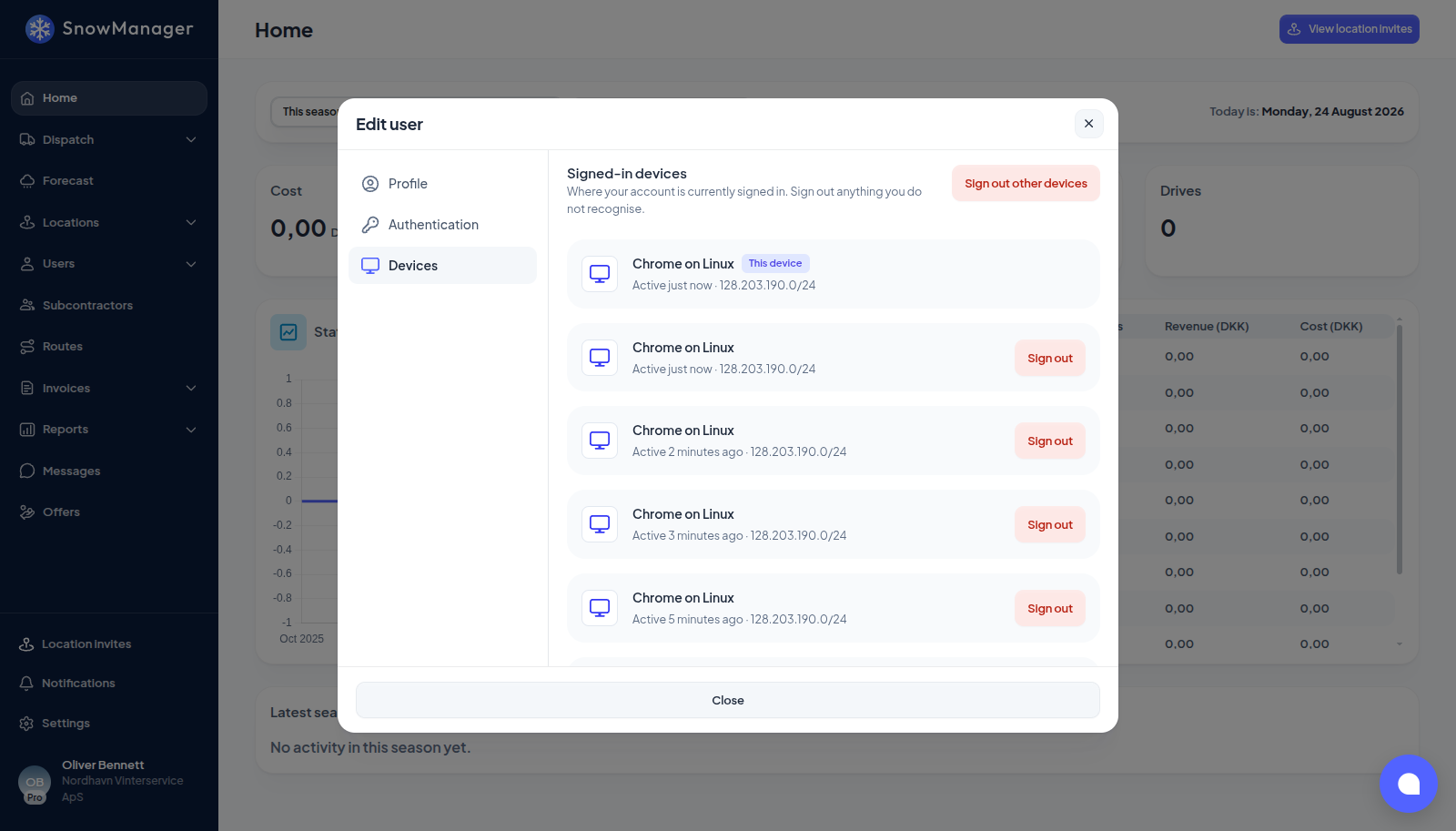 Signed-in devices under Manage account
