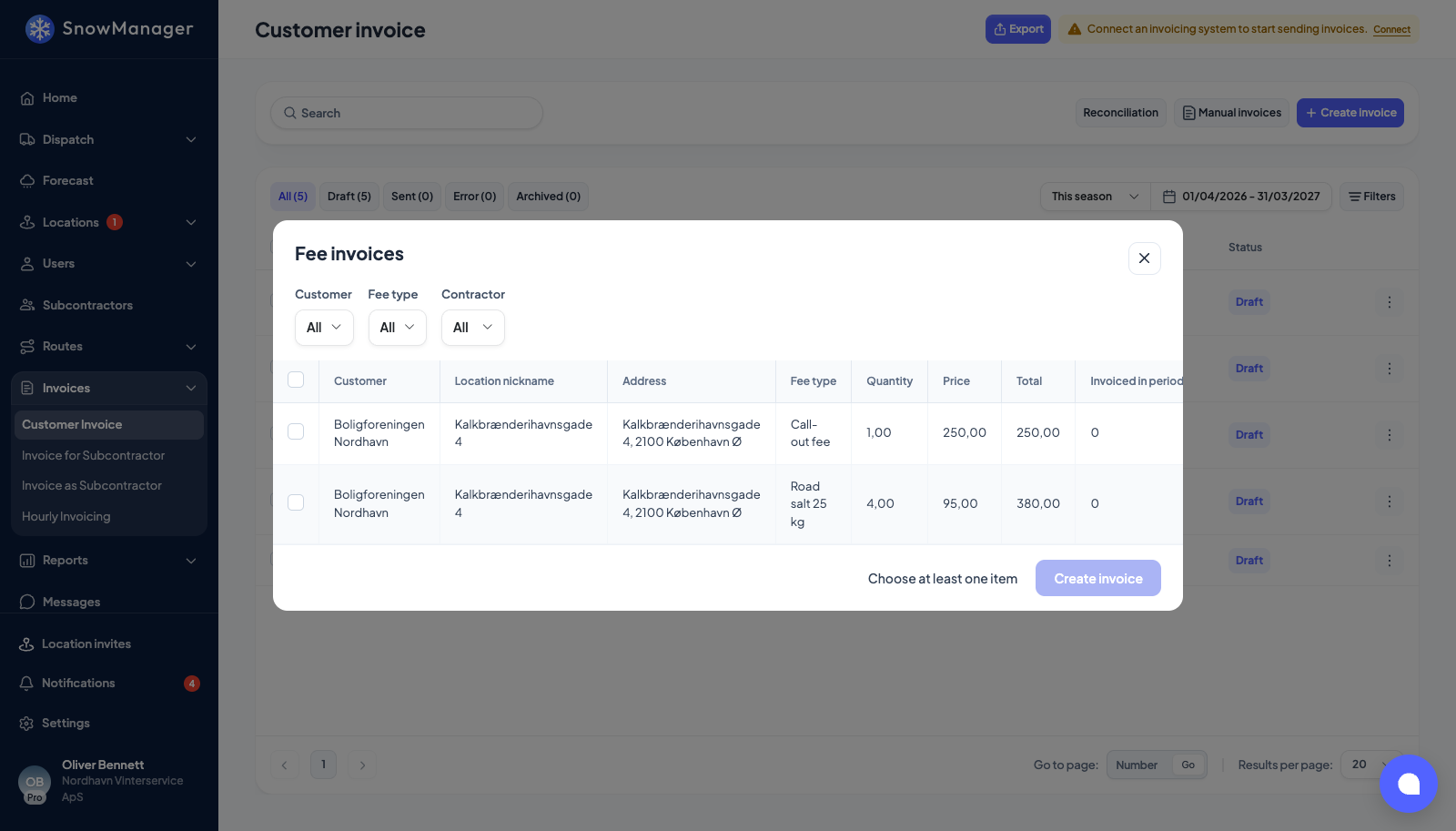 The fee invoices screen