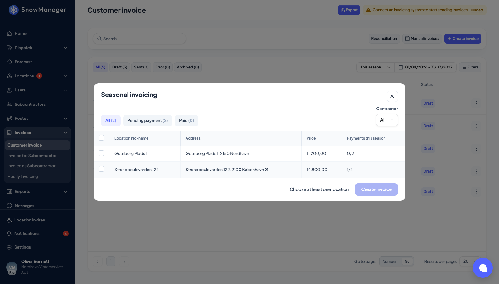 The seasonal invoicing screen