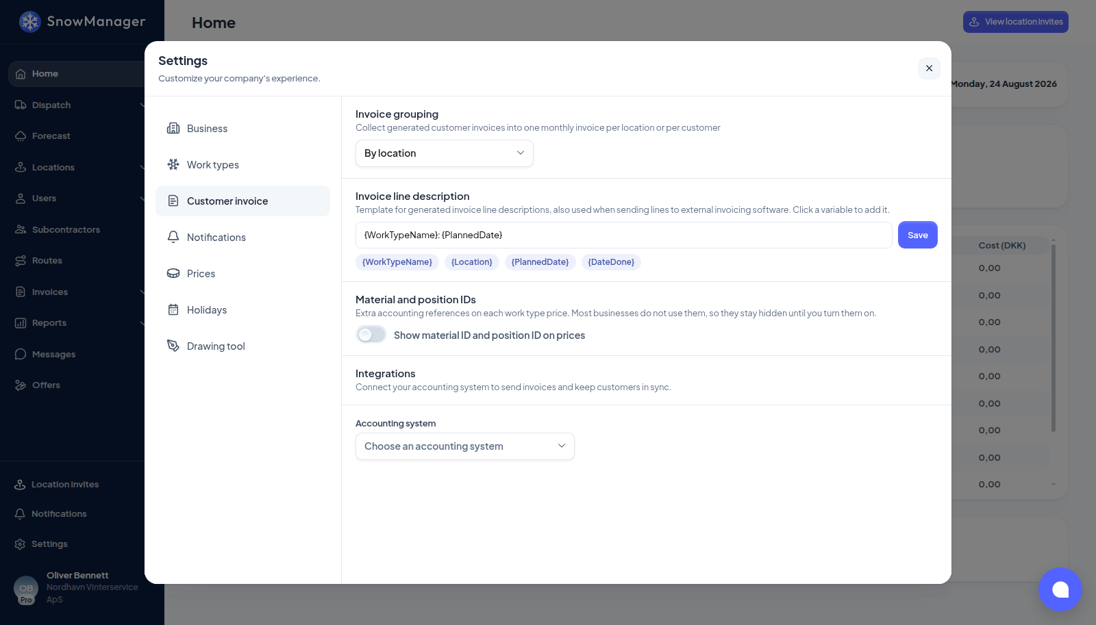 The Customer invoice tab
