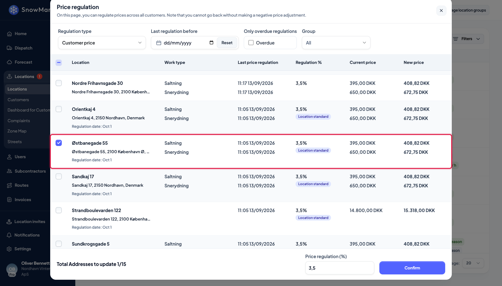 Customer price chosen, one address ticked and 3.5 % typed: its new prices are shown beside the current ones