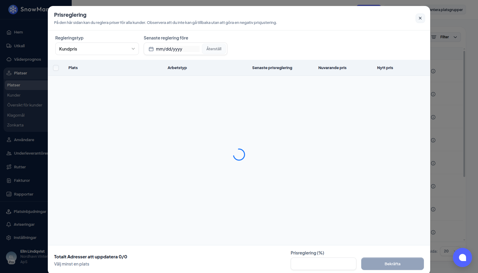 Kundpris valt, en adress markerad och 3,5 % ifyllt: de nya priserna visas bredvid de nuvarande