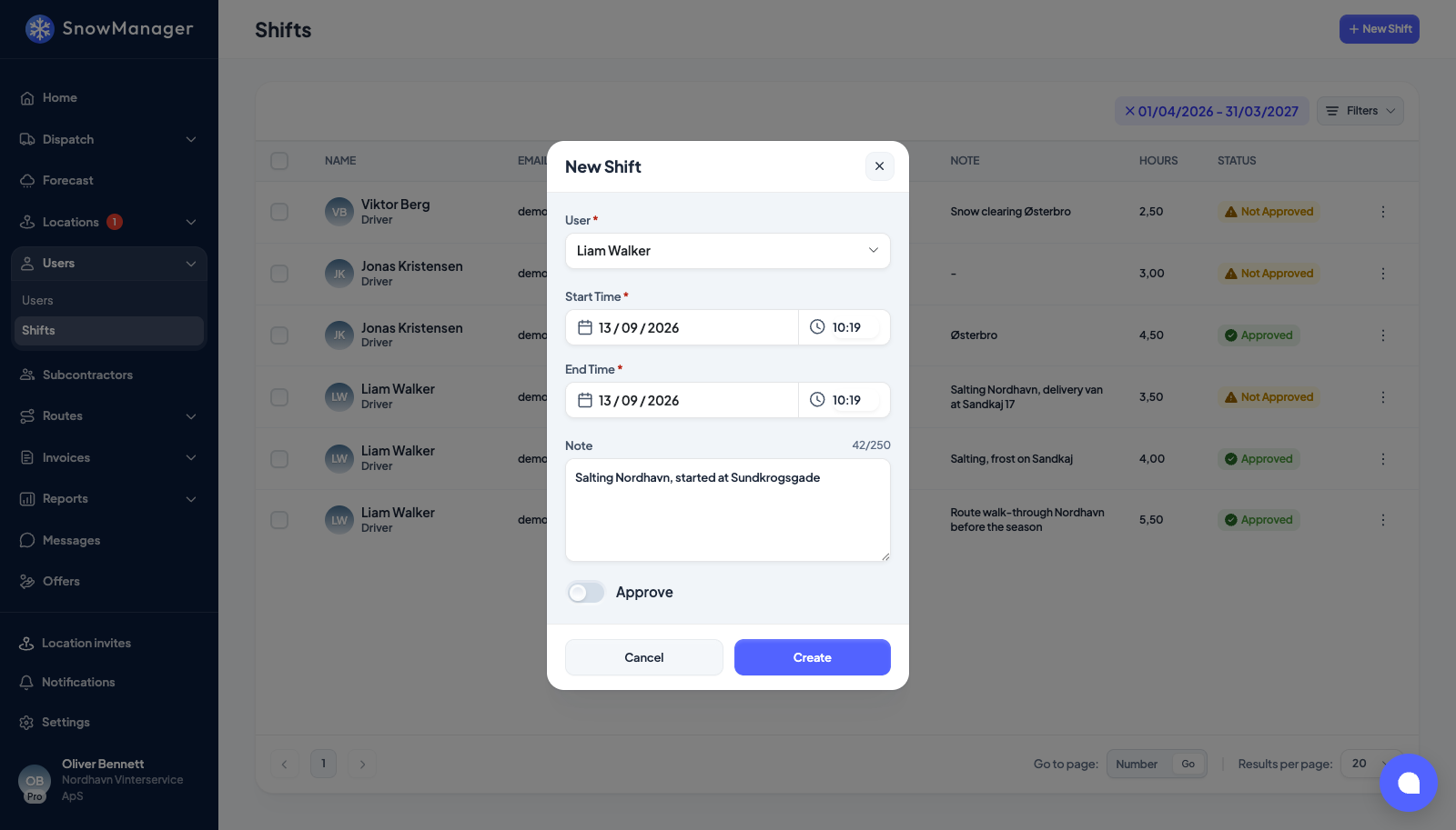 The New Shift popup