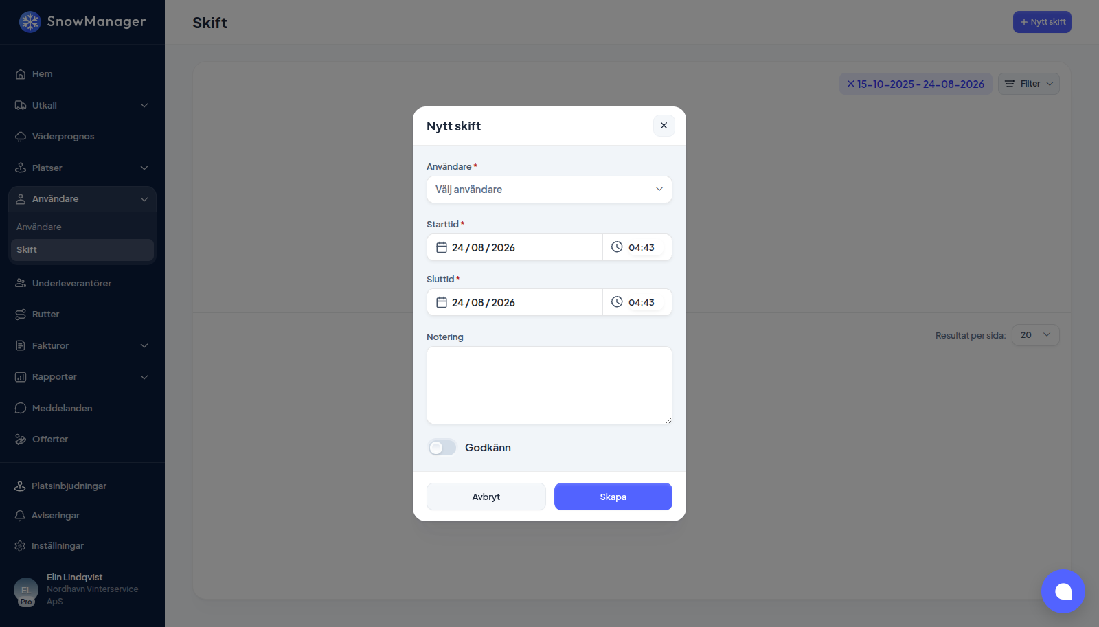 Popupfönstret Nytt skift